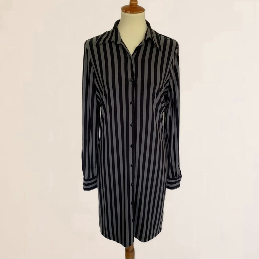 Norma Kamali Shirt Dress Gray Black Vertical Stripe Button Down Classic Collar